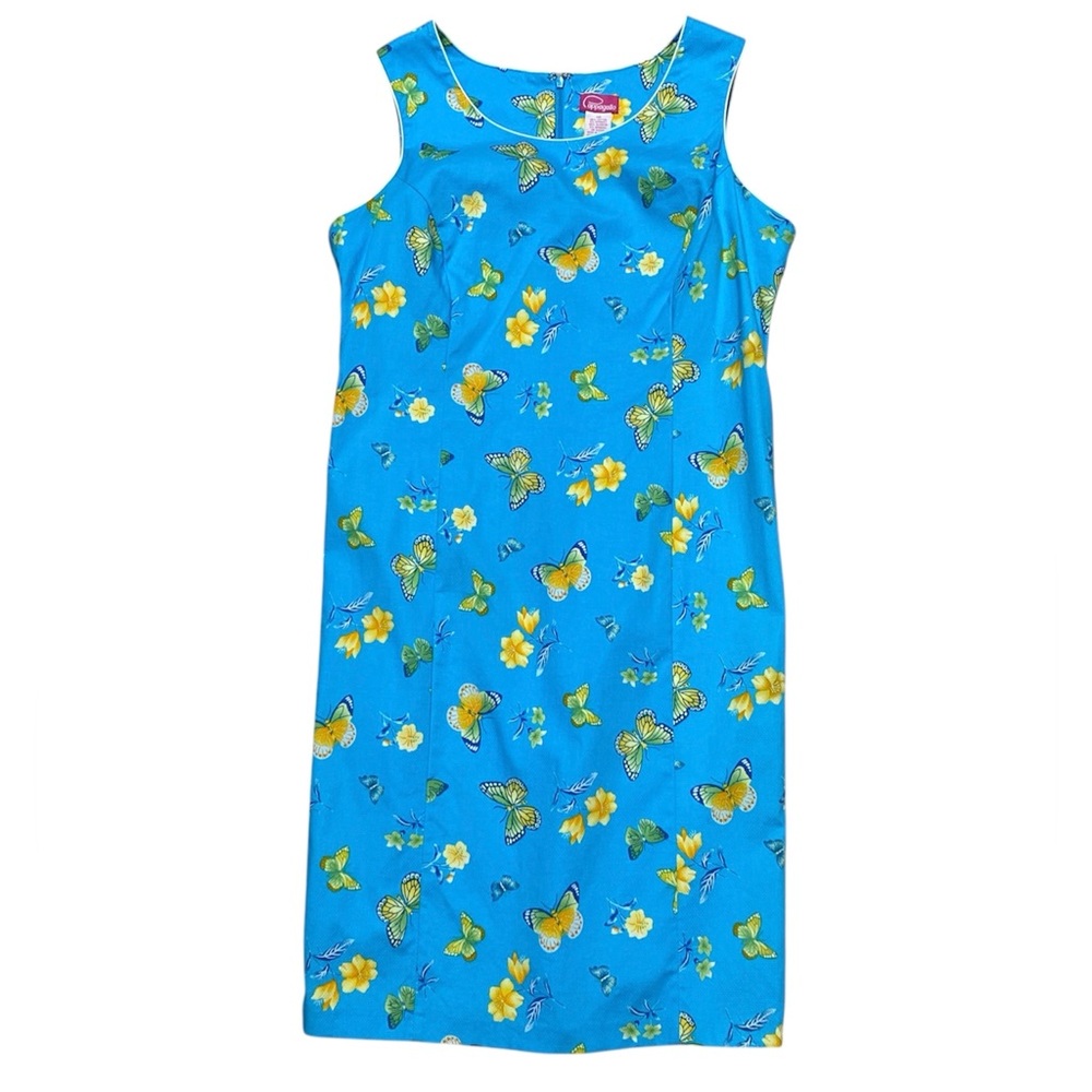 Y2K Pappagallo Sleeveless Dress Women’s 10 Blue Floral Butterfly Sheath Casual